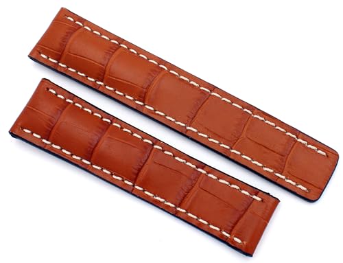 Sulla 22mm Alligatorprägung Uhrenband handgemacht in Deutschland kompatibel mit Breitling Faltschließe Cognac Weiße Naht von Sulla