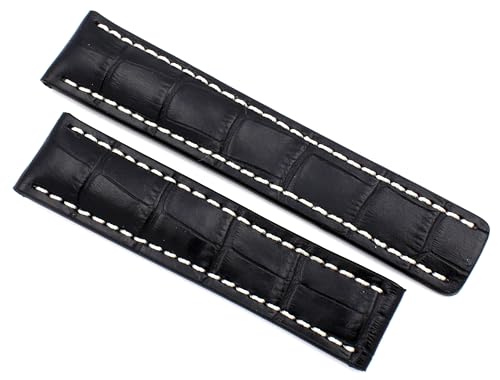 Sulla 22mm Alligatorprägung Uhrenband handgemacht in Deutschland kompatibel mit Breitling Faltschließe schwarz Weiße Naht von Sulla