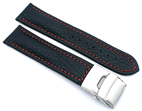 Sulla 22mm Uhrenband Genuine Leder Armband mit Faltschließe aus Edelstahl Schwarz Rote Naht von Sulla