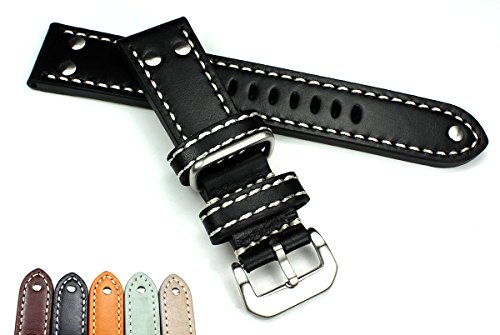 22 mm schwarz Pilot Flieger Aviator Military Style Robust Band echt Genuine Leder Uhrenarmband AW NATO mit Nieten von Sulla