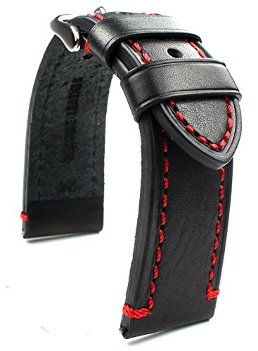 Sulla 24mm Herren Leder Retro Pilot Uhrenarmband Catalonia Schwarz rote Naht von Sulla