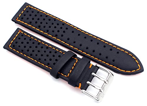 Sulla 24mm Racing Uhrenband Genuine Leder Schwarz orangene Naht von Sulla