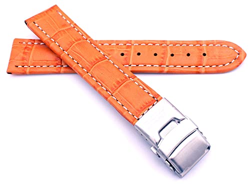 Sulla 24mm Uhrenband Alligator Prägung Genuine Leder Armband mit Faltschließe aus Edelstahl Orange Weiße Naht von Sulla