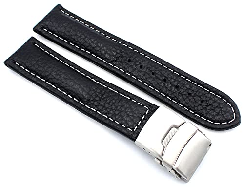 Sulla 24mm Uhrenband Genuine Leder Armband mit Faltschließe aus Edelstahl Schwarz Weiße Naht von Sulla