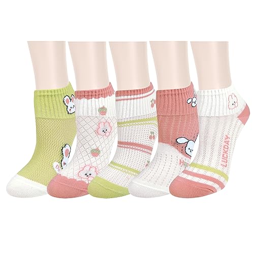 Suluia Damen-Knöchelsocken mit niedlichem Katzenmotiv, lustig, verrückte Rüschen, niedrig geschnitten, für Teenager, Mädchen, Kawaii, Anime, coole flippige Socken, Geschenkideen, Happy Kawaii Rabbit, von Suluia