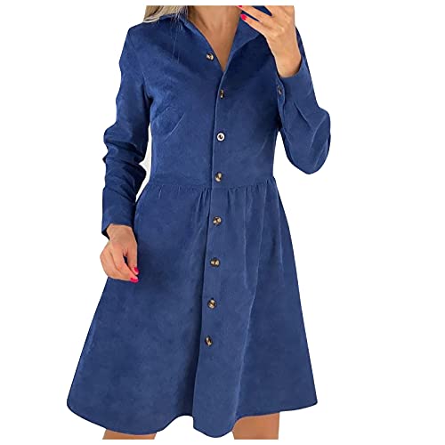 SumLeiter Damen Cordkleider Casual Kleider Swing Langarm Hemdkleid Einreiher Blusenkleid Elegant Longshirt Herbst Leinen Tunikakleider Minikleid Vintage Shirtkleid Winterkleid Lang A-Linien Kleid von SumLeiter