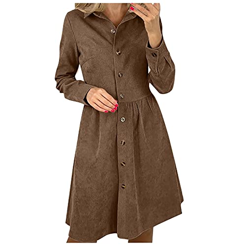 SumLeiter Damen Cordkleider Kleider Swing Langarm Hemdkleid Einreiher Blusenkleid Longshirt Herbst Leinen Tunikakleider Minikleid Vintage Shirtkleid Winterkleid Lang A-Linien Kleid, Braun, L von SumLeiter