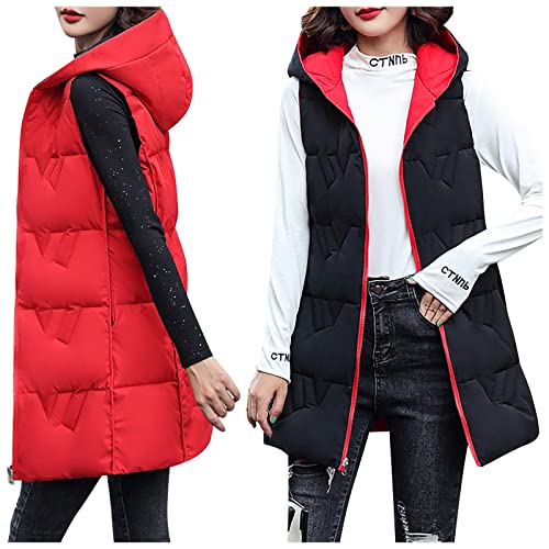 SumLeiter Damen Steppweste Lang Mantel Winterweste doppelseitige Daunenjacke Lockere Wintermantel Vest Warmer Daunenmantel mit Kapuze Lässige puffer weste Ärmellose Outwear, Rot, XL von SumLeiter