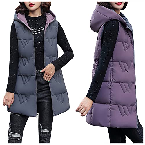 SumLeiter Damen Steppweste Lang Mantel Winterweste doppelseitige Daunenjacke Lockere Wintermantel Vest Warmer Daunenmantel mit Kapuze Lässige puffer weste Ärmellose Wintermantel Lockere Outwear von SumLeiter