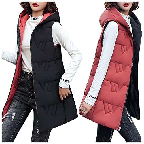 SumLeiter Damen Steppweste Lang Mantel Winterweste doppelseitige Daunenjacke Lockere Wintermantel Vest Warmer Daunenmantel mit Kapuze Lässige puffer weste Ärmellose Wintermantel Lockere Outwear von SumLeiter