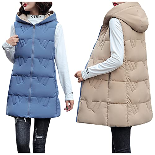 SumLeiter Damen Steppweste Lang Mantel Winterweste doppelseitige Daunenjacke Lockere Wintermantel Vest Warmer Daunenmantel mit Kapuze Lässige puffer weste Ärmellose Wintermantel Lockere Outwear von SumLeiter