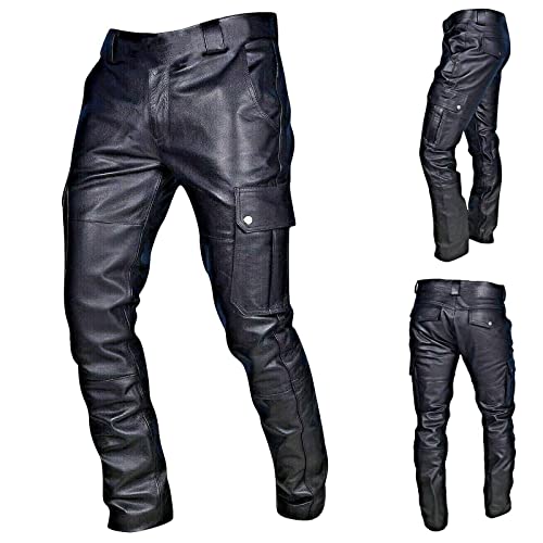 SumLeiter Herren Lederhose Punk Retro Goth Hosen Slim Fit Soft Faux Leder Biker Hose Winter Lässige Lederjeans Motorradhose mittlere Leibhöhe Lederhosen Men Pants Outdoorhose für Männer,Schwarz von SumLeiter