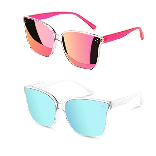 Sumato Damen-Sonnenbrille, Oversized Übergroß, Trendy Spiegelnden Linsen und UV400-Abschirmung (2er-Pack Rosa Pinke und Eisblau) von Sumato
