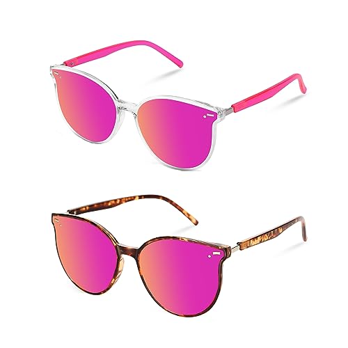 Sumato Retro Runde Sonnenbrille für Damen, 2er-Pack Pinke Rosa und Tortoise mit klassischem und trendigem Rahmen, UV400 Schutzbrille von Sumato