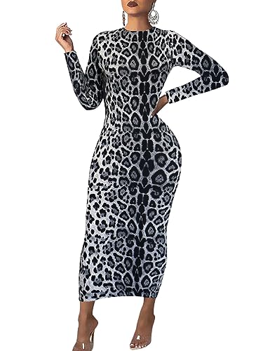 Langärmeliges figurbetontes Damenkleid – Maxi-Kleid für Freizeit, Herbst, Club, Party, lang, eng, Bleistiftkleider, Leopard/Grau, Groß von Sumche