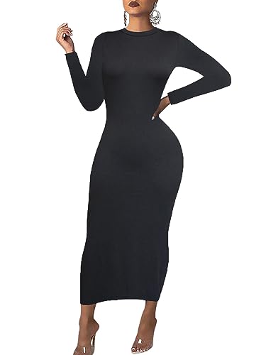 Damen Langarm Bodycon Kleid - Maxi Casual Herbst Club Party Lange Enge Bleistiftkleider, Schwarz, 3X-Groß von Sumche