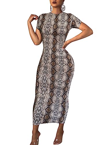 Damen Lange Bodycon Kleider Leopard Print Casual Maxi Club Party Enges Kleid Kurzarm, Schlangenleder-Braun, Mittel von Sumche
