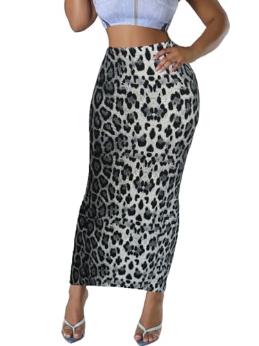 Damen Langer Bleistiftrock - Hohe Taille Sommer Herbst Y2K Club Bodycon Enge Maxi Röcke, Leopard/Grau, Mittel von Sumche