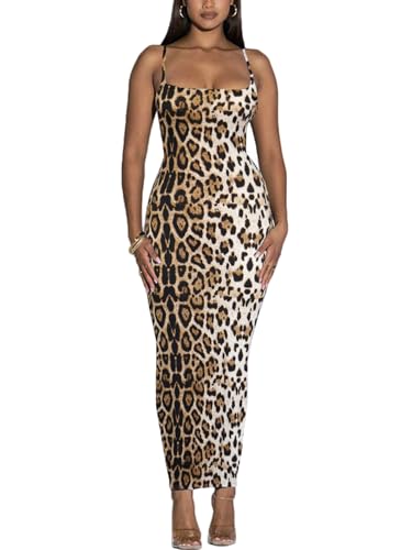 Damen Spaghettiträger Bodycon Kleid - Sommer Casual Maxi Club Party Lange Enge Slip Kleider, Leopardengelb, 3X-Groß von Sumche