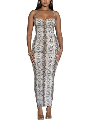 Damen Spaghettiträger Bodycon Kleid - Sommer Casual Maxi Club Party Lange Enge Slip Kleider, Schlangenleder Braun, Groß von Sumche