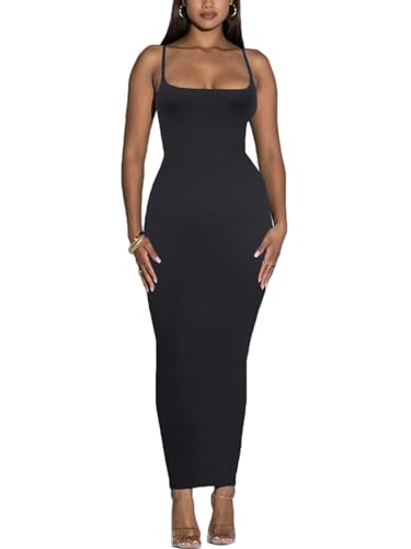 Damen Spaghettiträger Bodycon Kleid - Sommer Casual Maxi Club Party Lange Enge Slip Kleider, Schwarz, X-Klein von Sumche