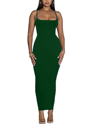 Damen Spaghettiträger Bodycon Kleid - Sommer Casual Maxi Club Party Lange Enge Slip Kleider, Smaragdrün, X-Groß von Sumche