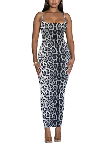 Damen Spaghettiträger Maxikleid - Sommer Casual Club Party Bodycon Eng Lang Slip Kleider, Leopard/Grau, Groß von Sumche