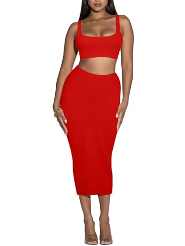 Zweiteiliges Damenrock-Set – Sommer Casual Midi Lange Bodycon Bleistiftröcke und Crop Tank Tops Club Rave Outfits, Rot/Ausflug, einfarbig (Getaway Solids), Klein von Sumche