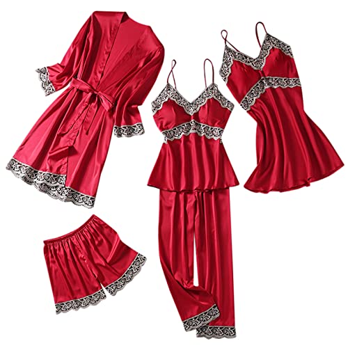 Pyjama 5-Teiliges Schlafanzüge Nachthemd Set Für Damen Satin Nachtwäsche Nachthemd Damen Schlafshirt Schlafanzug Satin-Pyjama Sexy Seide Pyjama Pyjama Set Pyjama-Sets Große Größen Übergroß von Sumeiwilly