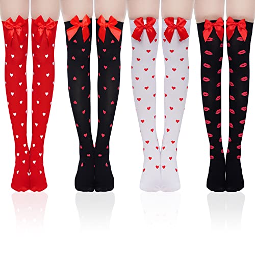 SUMERSHA 4 Paar Valentinstag Socken mit Schleifen Frauen Mädchen Oberschenkelhohe Strümpfe Herz Lippenmuster Overknee Socken Cosplay Party Kostüm Zubehör, Rot, Weiß, Schwarz, Einheitsgröße von Sumersha