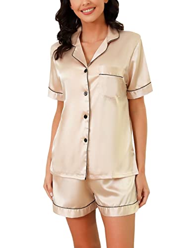 Sumeyuyu Nachthemd Damen Nachtkleid Satin V-Ausschnitt Pyjama Sets Hausanzug Nachtwäsche Negligee mit Knöpfen von Sumeyuyu