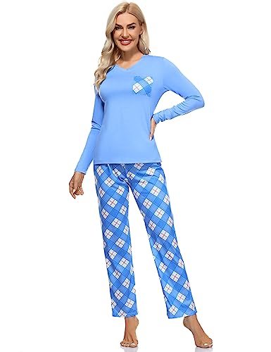 Sumeyuyu Schlafanzug Damen Lang Pyjama Set Hausanzug Baumwolle Komfortabel Blumendruck Langarm-Top und Lang Schlafhose von Sumeyuyu