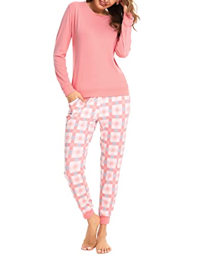 Sumeyuyu Schlafanzug Damen Lang Winter Pyjama Set Baumwolle Langarm Nachtwäsche Karierte Pyjamahose Hausanzug Zweiteiliger Nachtwäsche von Sumeyuyu