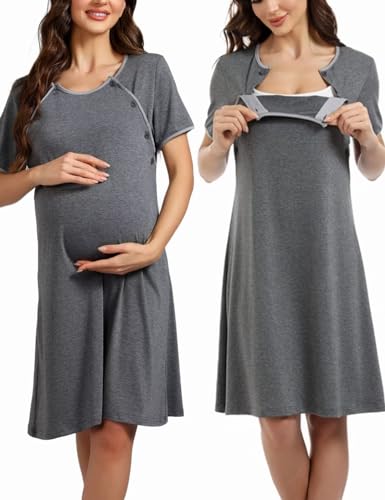 Sumeyuyu Stillnachthemd Damen Baumwolle Mutterschaft Nachthemd Schwangere Kurzarm mit Knopfleiste Umstandsnachthemd für Schwangere oder Stillende Frauen von Sumeyuyu