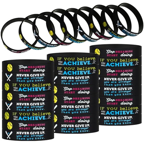 36 Stück Softball-Motivationsarmbänder, Baseball-inspirierende Armbänder, Baseball, Stretch-Silikon-Gummi-Armbänder, Ball-Gummibänder mit motivierenden Sprüchen für Sport, Mottoparty, 8 Stück, 20,3 cm von Sumind