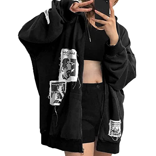 Alt Emo Kleidung Damen Oversized Zip Up Hoodies Strass Y2k Ästhetische Skelett Sweatshirts Grunge Gothic Jacke Streetwear, A, L von Sumleno