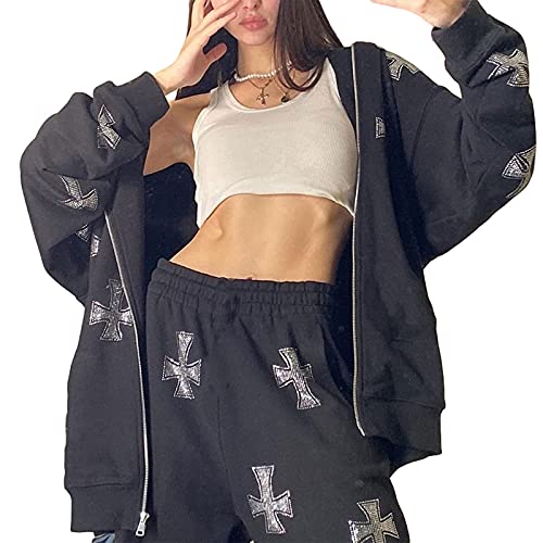 Alt Emo Kleidung Damen Oversized Zip Up Hoodies Strass Y2k Ästhetische Skelett Sweatshirts Grunge Gothic Jacke Streetwear, E, S von Sumleno