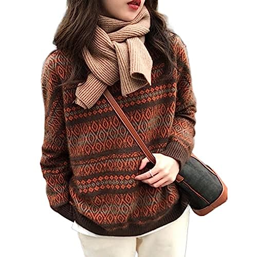 Damen Argyle Print Pullover Aztec Western Pullover Rundhalsausschnitt Opa Pullover Vintage Ästhetische Fee Grunge Kleidung, Orange/Abendrot im Zickzackmuster (Sunset Chevron), Groß von Sumleno
