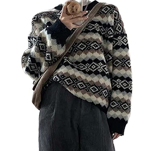 Damen Argyle Print Pullover Aztec Western Pullover Rundhalsausschnitt Opa Pullover Vintage Ästhetische Fee Grunge Kleidung, Schwarz, Klein von Sumleno