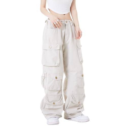 Damen Baggy Cargohose Y2K Kleidung Multi-Pocket Relaxed Fit Jeans Fairy Grunge Kleidung Alt Emo Streetwear, Beige, M von Sumleno