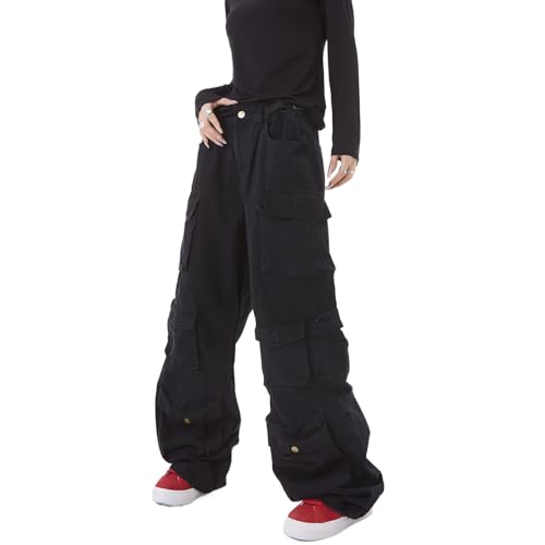 Damen Baggy Cargohose Y2K Kleidung Multi-Pocket Relaxed Fit Jeans Fairy Grunge Kleidung Alt Emo Streetwear, Schwarz, M von Sumleno