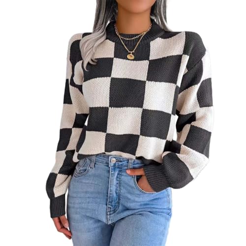 Damen Farbblock Kariert Rundhalsausschnitt Langarm Y2K Plaid Strickpullover Pullover Tops Vintage Preppy Style Strickwaren, Schwarz, Mittel von Sumleno