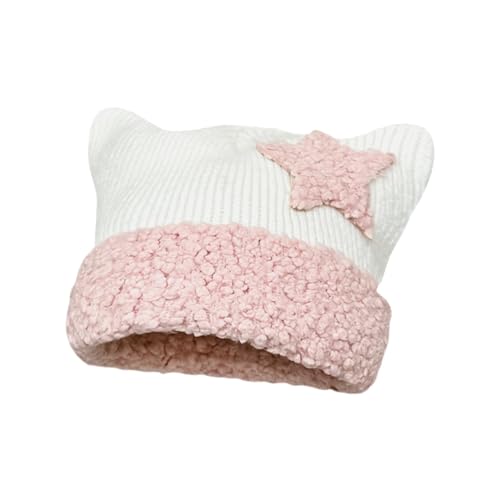 Cat Beanie Y2k Beanie Star Patch Crochet Strickmütze Grunge Acubi Y2k Zubehör Kawaii Cutecore Korean Gyaru Kleidung, Pink, Einheitsgröße von Sumleno