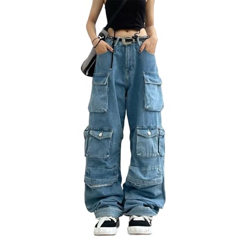 Sumleno Damen Baggy Cargohose Y2K Kleidung Multi-Pocket Relaxed Fit Jeans Fairy Grunge Kleidung Alt Emo Streetwear, Blue Jeans, S von Sumleno