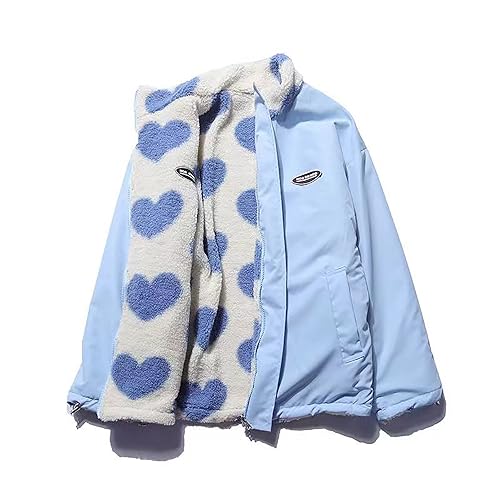 Sumleno Damen Fleece Sherpa Jacken Reversible Kawaii Herz Print Fuzzy Zip Up Cutecore Mäntel Ästhetische Y2k Gyaru Kleidung, Blau, M von Sumleno