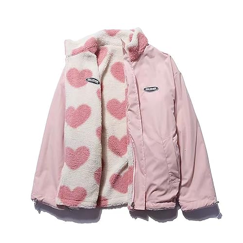 Sumleno Damen Fleece Sherpa Jacken Reversible Kawaii Herz Print Fuzzy Zip Up Cutecore Mäntel Ästhetische Y2k Gyaru Kleidung, Pink, M von Sumleno