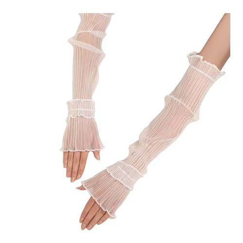 Sumleno Frauen Mesh Sheer Ruched Arm Ärmel Rüschen Saum Fingerlose Handschuhe Fairycore Kostüm Zubehör Tüll Spitze Ärmel, Weiss/opulenter Garten, Einheitsgröße von Sumleno