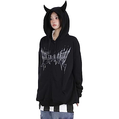 Sumleno Teufelshorn Zip Up Hoodie Frauen Y2K Kleidung Oversized Emo Alt Kapuzen-Sweatshirt Punk Goth Ästhetische Grunge Pullover, B Mitternacht, XL von Sumleno