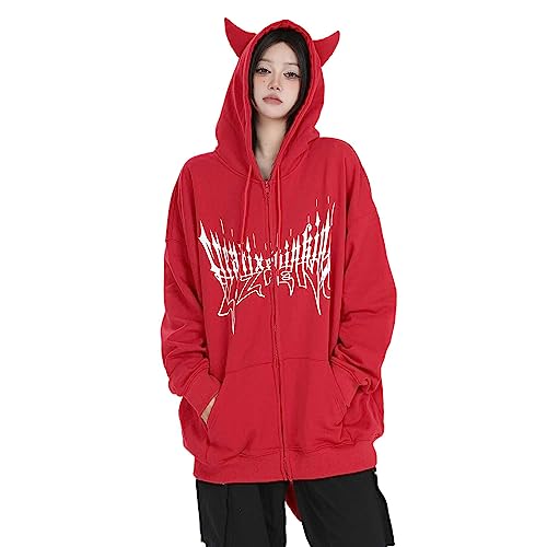 Sumleno Damen Kapuzenpullover mit Reißverschluss, Teufelshorn, Y2K, Oversize, Emo Alt, Punk, Gothic, Ästhetischer Grunge-Pullover, B Rot, XL von Sumleno