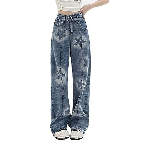 Sumleno Y2K Baggy Jeans Stern Patch Breites Bein Denim Hosen Alt Emo 90er Jahre Grunge Ästhetische Streetwear Vintage Harajuku Y2K Kleidung, A, M von Sumleno